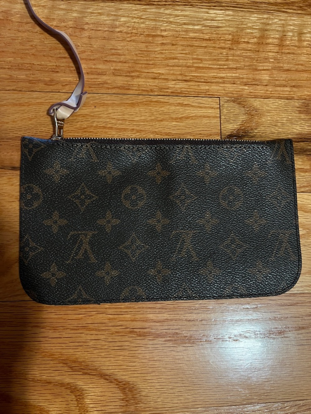 Monogram brown Zip Wristlet - Dark Brown with Light Tan Strap